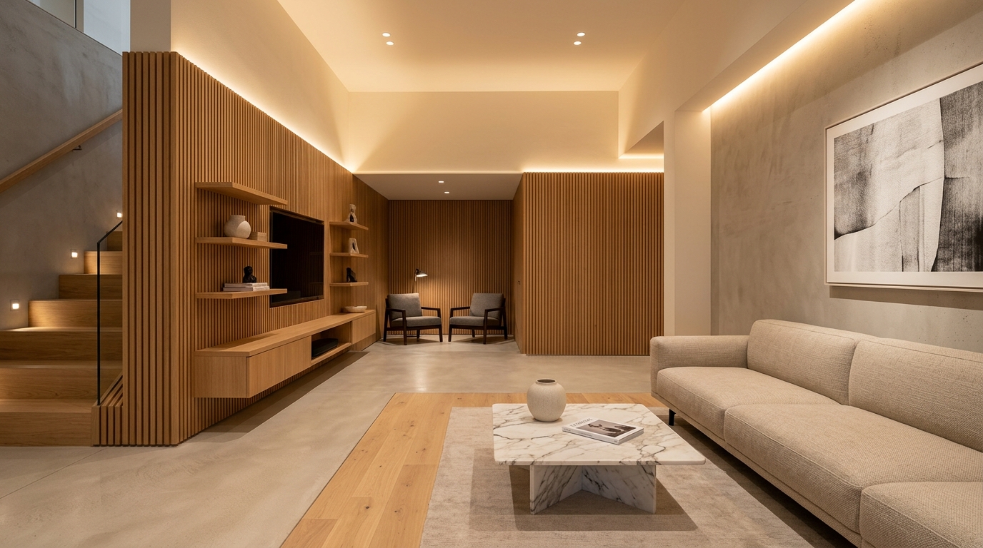Castelo Built modern luxury finished basement with natural acoustic oak slats and cove lighting in Windermere, Edmonton