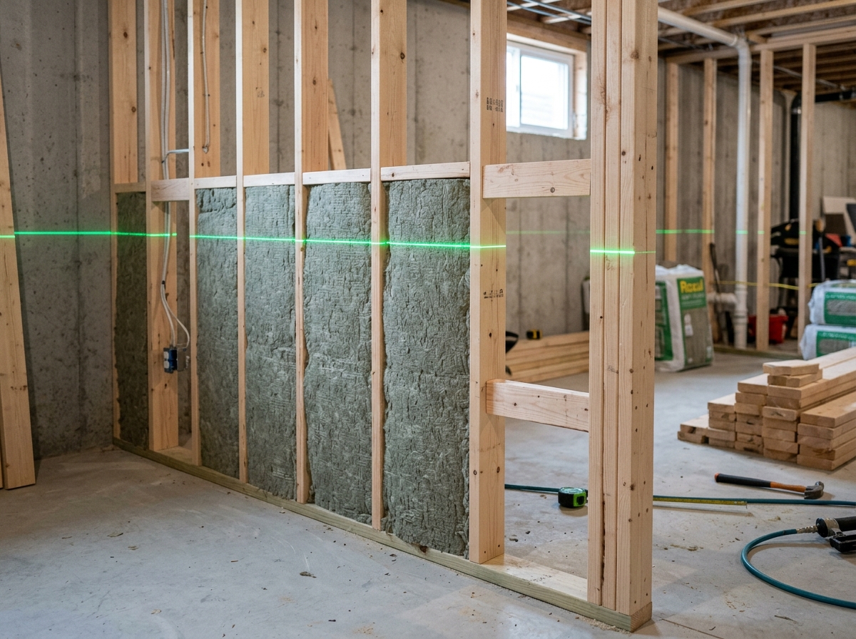 Precision residential basement framing with Roxul acoustic insulation and green laser alignment